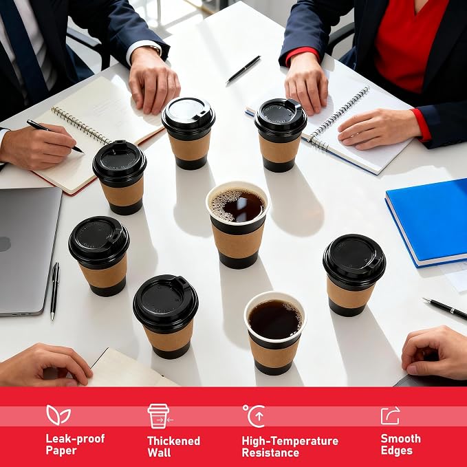 16 oz Paper Coffee Cups with Lids 50 Pack, Black Disposable Hot Coffee Cups with Lids, Sleeves and Stirring Sticks, To Go Cups, for Parties, Picnic, Travel, and Events - Image 3