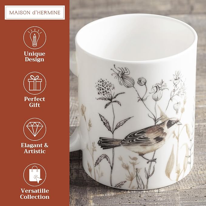 Maison d' Hermine Coffee Mug with Handles Tea Cups (15 Ounce, Pack of 1) | Fine Bone China Coffee Mugs for Hot Beverages Cappuccino Latte Home Spring Summer -Meadow Florals - Brown - Meadow Mornings - Image 2