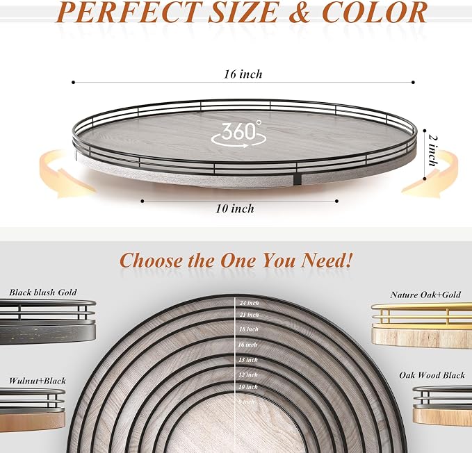 AMH 16-Inch Whitewashed Farmhouse Oak Lazy Susan Organizer | Smooth rotating oak tray with walnut finish for dining tables, kitchen counters, pantries and cabinet storage. - Image 6