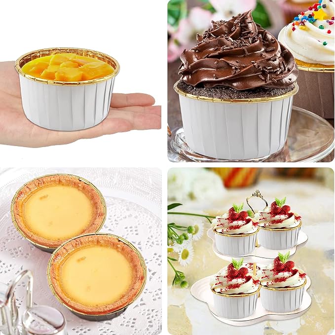 LNYZQUS 5.5 Oz Foil Cupcake Tins Baking Cups, Disposable Ramekins Muffin Tins, Large Cupcake Cups with Spoons-White in Gold - Image 6
