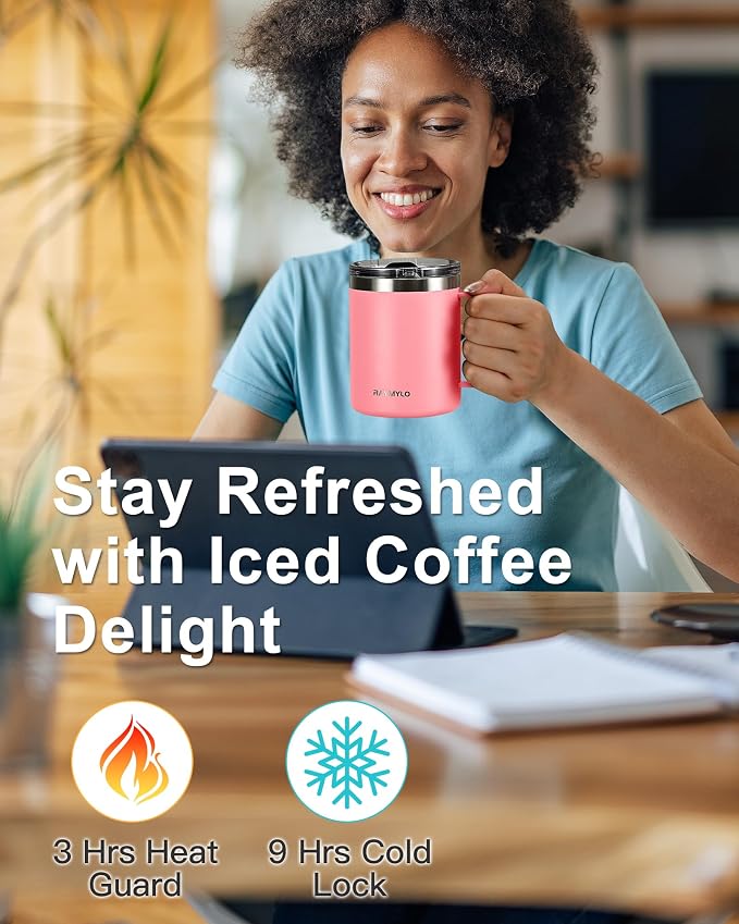 RAYMYLO Insulated Coffee Mug 12 oz, Spill-Proof & Detachable Slider Lid | Double Wall Stainless Steel with Thorough Clean Lid & Handle, Cold for 9 Hrs, Suitable for Camp Home Office - Image 5