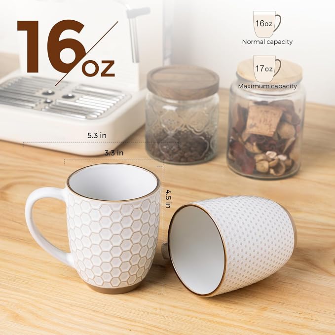 GBhome Large Coffee Mugs Set of 6, 16oz Handmade Embossed Coffee Mugs Set with Large Handle for Cappuccino/Latte/Tea/Hot Cocoa, Dishwasher & Microwave Safe, Off White - Image 2