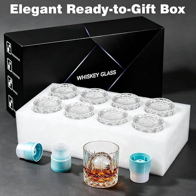 QUMMFA Whiskey Glasses, Set of 16 (8 Rocks Glasses 8 Whiskey Ice Ball Molds), 11 OZ Old Fashioned Glass for Bourbon Vodka Scotch, Crystal Cocktail Glasses in Gift Box, Gifts for Men - Image 4