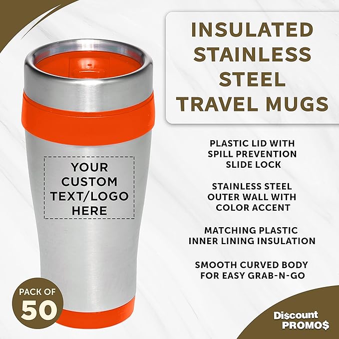 Custom Insulated Stainless Steel Travel Mugs 16 oz. Set of 50, Personalized Bulk Pack - Perfect for Coffee, Soda, Other Hot & Cold Beverages - Orange