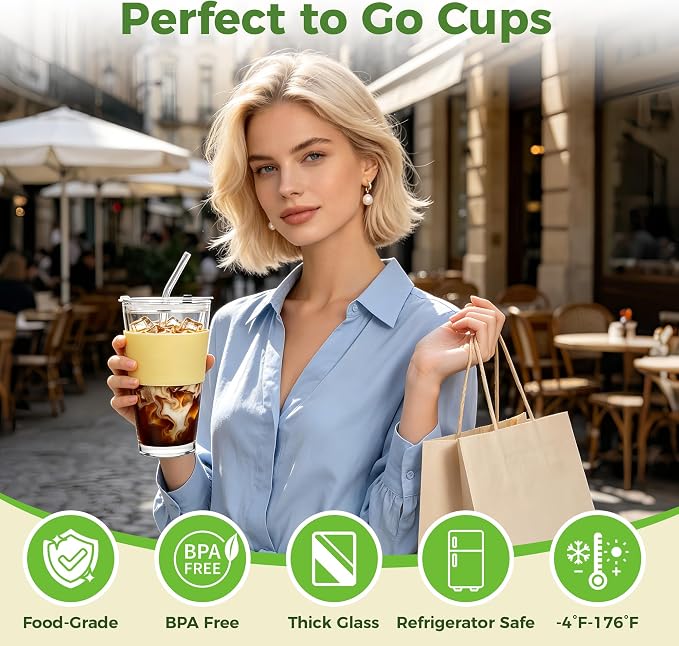 Birity 16oz Glass Cup with Lid and Glass Straw,Set of 2 Thickened Glass Coffee Tumblers with Silicone Sleeve,Reusable Iced Coffee Cups for Smoothie、Soda Water、Juice、MilkSshake、Travel Cup - Image 2