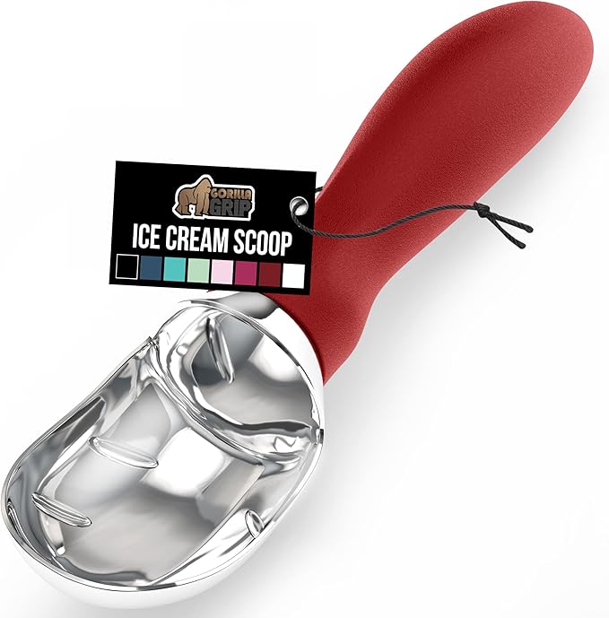 GORILLA GRIP BPA-Free Heavy Duty Ice Cream Scoop, Comfortable Ergonomic Handle, Professional Grade Scooper for Perfect Round Scoops, Spoon Frozen Hard Gelato, Sorbet, Cookie Dough, Kitchen Tool, Red