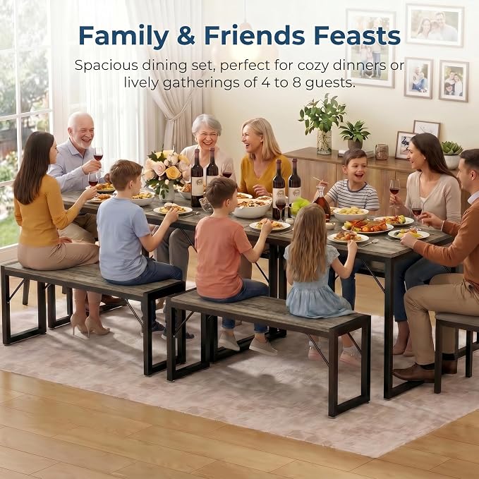 Bealife Dining Table Set for 4 with Metal Frame and MDF Board - Grey | Space Saving Kitchen Table with 2 Benches, Kitchen Table Set for Apartment, Dining Room, Breakfast Nook - Image 6