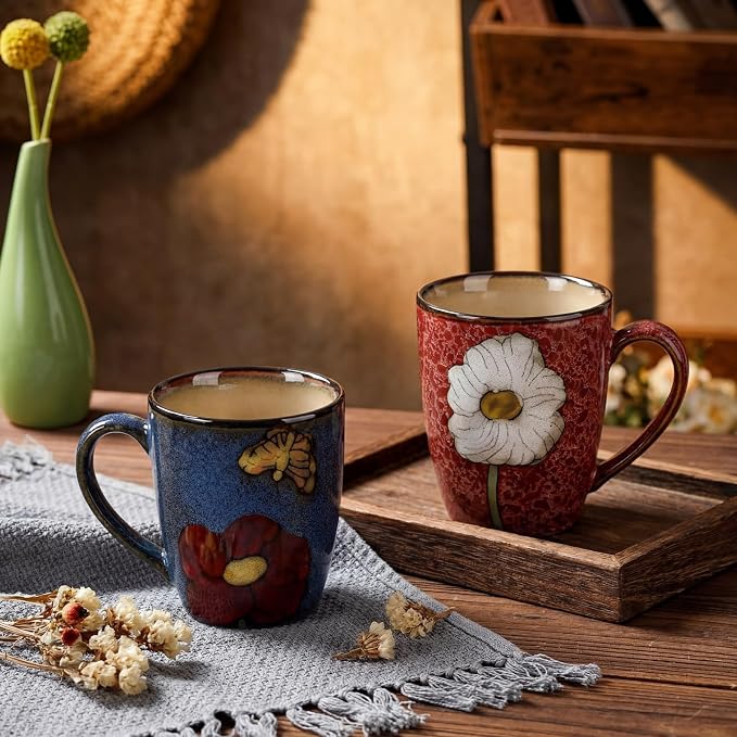 Maxdot 2 Pcs 12oz Ceramic Coffee Mugs Sets Glazing Process Cappuccino Mug Floral Ceramic Tea Cups Idea Gift Set for Women Porcelain Cup for Coffee, Cocoa, Tea, Latte (Retro) (Rustic) - Image 5