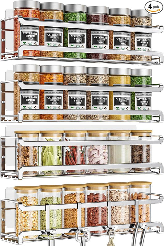 Bunoxea Spice Rack Wall Mounted 4 Pack, Chrome,For Spice Jars & Seasonings | 4 Removalble Hooks,Screw or Adhesive Hanging, Space-Saving,For Kitchen Cabinet, Pantry Door,Stove,RV Use,11.41x2.75x2.75in by Bunoxea