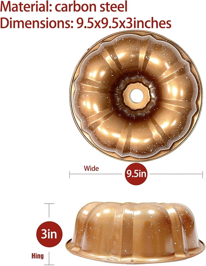 Kundalini Classic Bakeware 9.5 Inch Non-stick Fluted Cake Pan,Heavy Duty Carbon Steel Tube Baking Mold Gold - Image 2