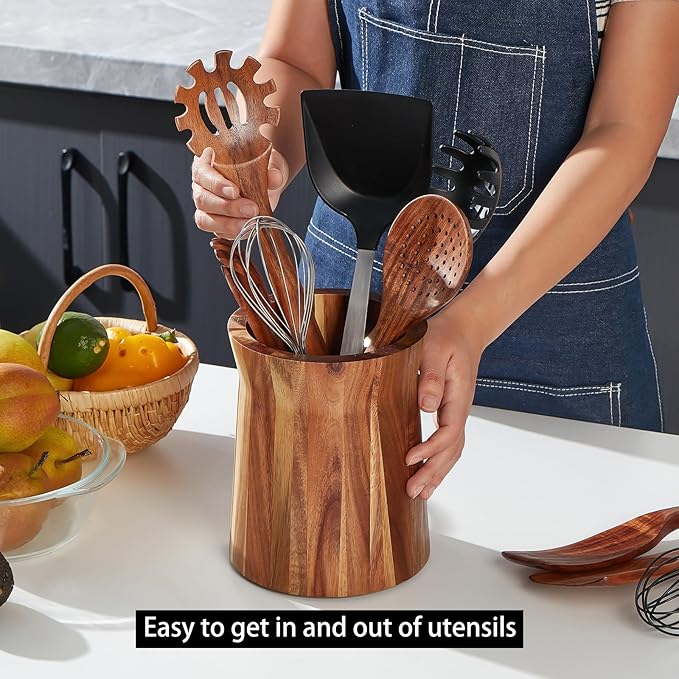 Wooden Utensil Holder for Countertop, 360° Rotating Kitchen Utensil Holder, 7.2"x 6" Large Acacia Wood Crock, Farmhouse Kitchen Decor - Image 6