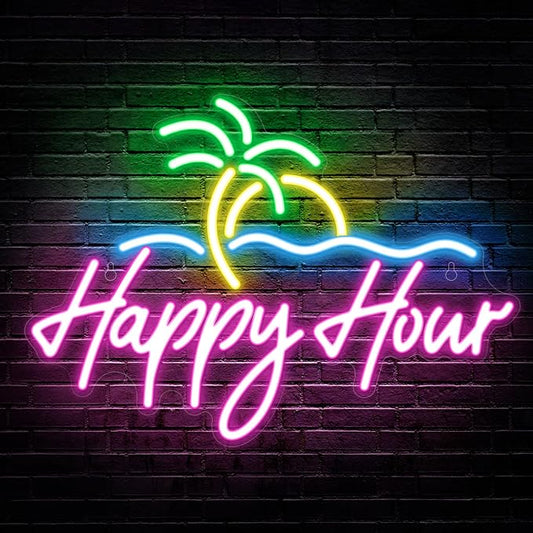Kavaas Happy Hour Neon Sign 15.7" x 11.2", Palm Tree Neon Bar Signs for Home Bar Man Cave Club Pub Party - Best Gifts for Husband, Father, Birthday, Christmas by Kavaas