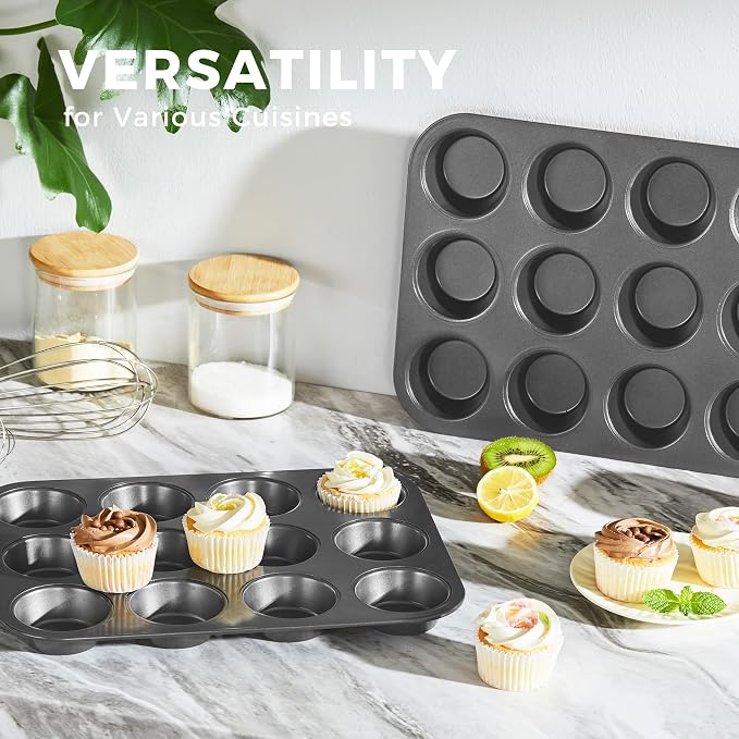 Muffin Pan for Baking, Nonstick Cupcake Tin 12 Cup, 2 Pack Cup Cake Tray, Premium Cheesecake Pans, Dishwasher Safe - Dark Grey - Image 6