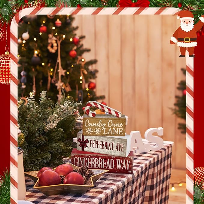 Moucuny 4 Pcs Christmas Table Decor Wooden Candy Cane Decoration Christmas Centerpiece Winter Tiered Tray Decor Red and White Stripes Candy Cane Block Signs Gift Farmhouse Xmas Decoration for Kitchen - Image 8