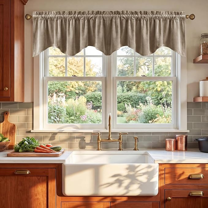 Camel Beige Scalloped Valance Curtains 52x18 Inch 1 Panel | Premium Velvet Wavy Short Curtains for Kitchen Windows, Neutral Home Decor Window Treatment for Farmhouse by StangH