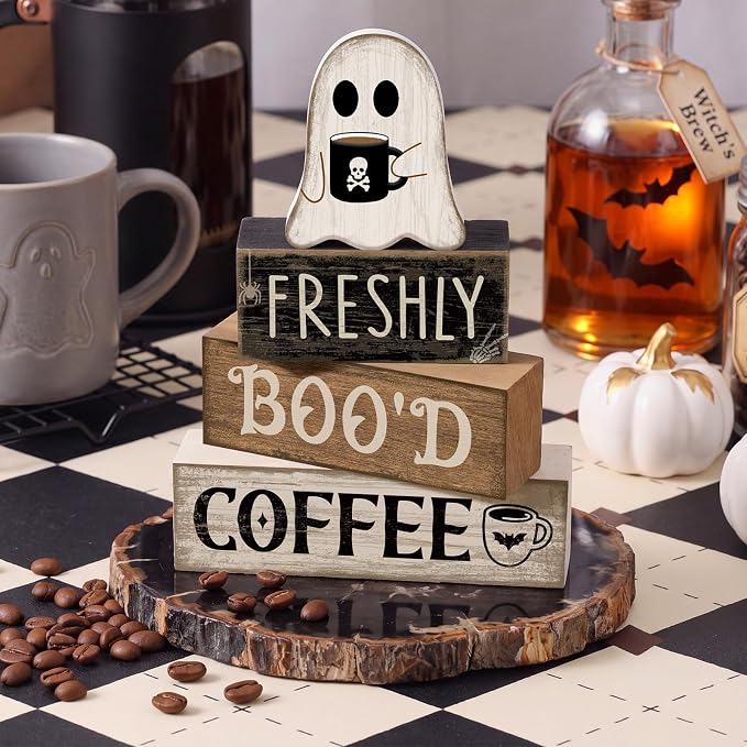 Moucuny 4 Pcs Halloween Coffee Table Decorations Cute Ghost Stacked Wooden Decor - Freshly Boo'd Coffee Halloween Tiered Tray Decor Rustic Ghost Table Centerpiece for Home Kitchen Shelf Bar - Image 2