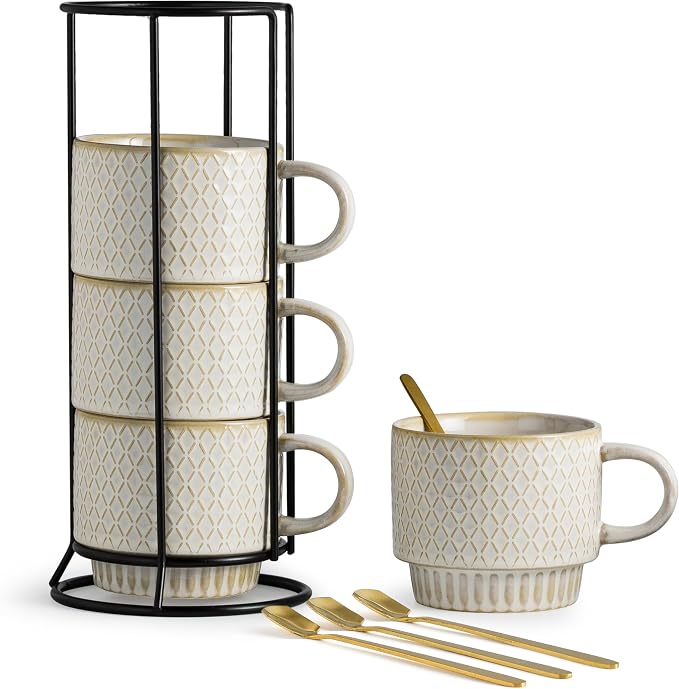 LYEOBOH Stackable Coffee Mugs, Coffee Cups, Mug Set of 4 with Spoons - 13 Oz Coffee Cup Set with Stand, Ceramic Coffee Mug - Farmhouse Kitchen, Beige by LYEOBOH