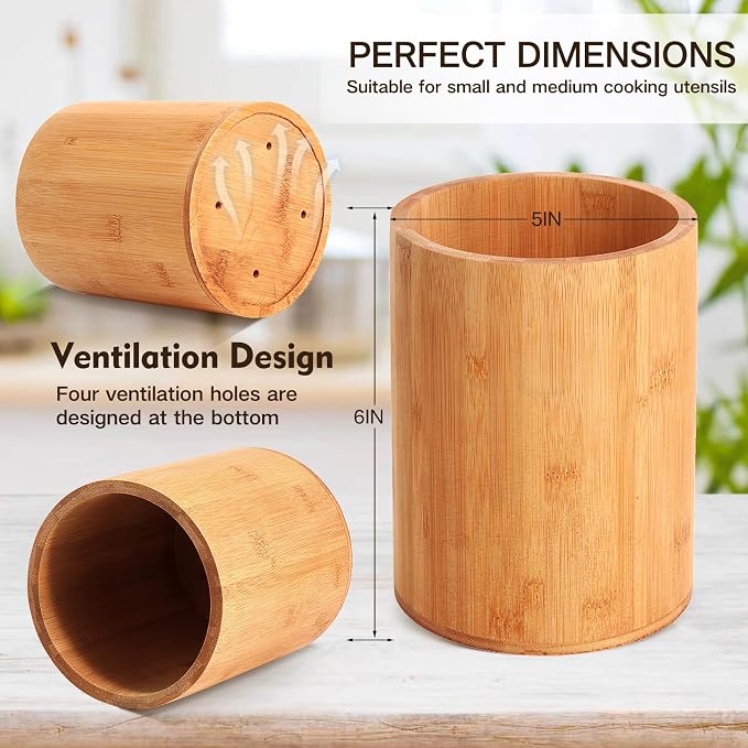 Bamboo Utensil Holder, Large Utensil Holders for Kitchen Counter, Bamboo Spoon and Chopstick Holder for Kitchen Decor, Flatware and Spatula Storage Organizer, for Countertop, Pantry and Bathroom - Image 2