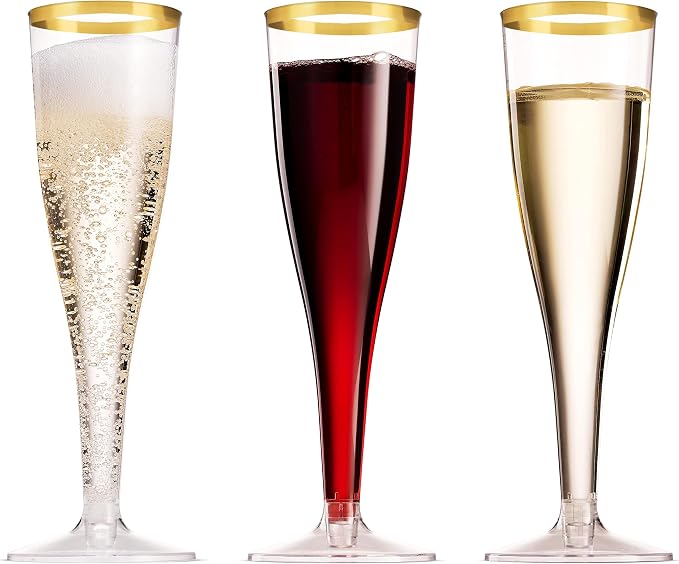 Munfix 100 Pack Gold Plastic Champagne Flutes, 5 Oz Clear Plastic Toasting Glasses Fancy Disposable Wedding Party Cocktail Cups with Gold Rim - Image 3