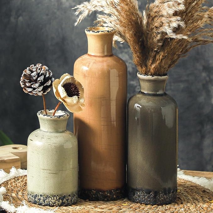 Ceramic Vase Set of 3, Neutral Flower Vases Home Decor, Pottery Rustic Farmhouse Decorative Vases Modern Decor for Table Mantel Entryway Bookshelf Living Room Kitchen Bedroom - Brown by ooit