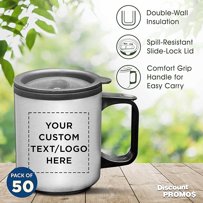 DISCOUNT PROMOS Custom Stainless Steel Travel Mugs with Handle 12 oz. Set of 50, Personalized Bulk Pack - Perfect for Coffee, Soda, Other Hot & Cold Beverages - Stainless Steel