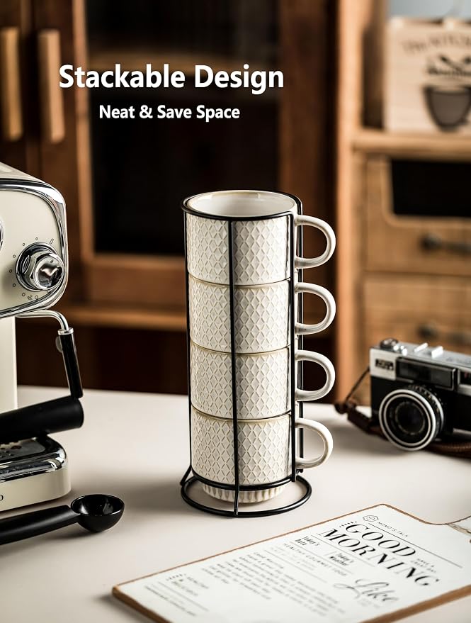 Gomakren Coffee Mugs Set of 4 Ceramic Coffee Cup with Stand, Creamy White | 13oz Stackable, Embossed Grid Mugs, Black Metal Rack, Lead-Free Dishwasher Safe, with Gold Spoons for Home Coffee Bar - Image 3