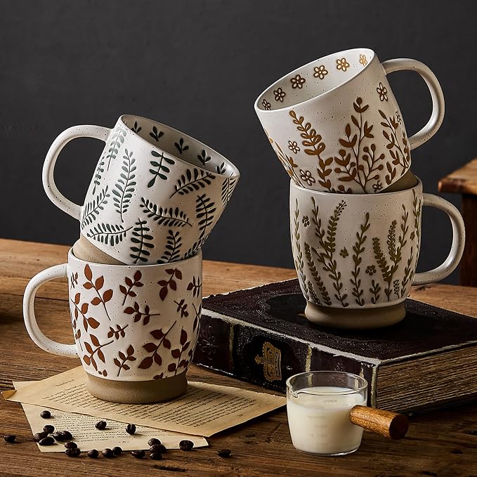 18 Oz Large Ceramic Coffee Mug Set of 4 - Rustic Handmade Floral Mugs with Handle, Microwave Safe for Latte Espresso Cappuccino Tea Cocoa Milk, Modern Unique Big Cups for Kitchen Women - Image 2