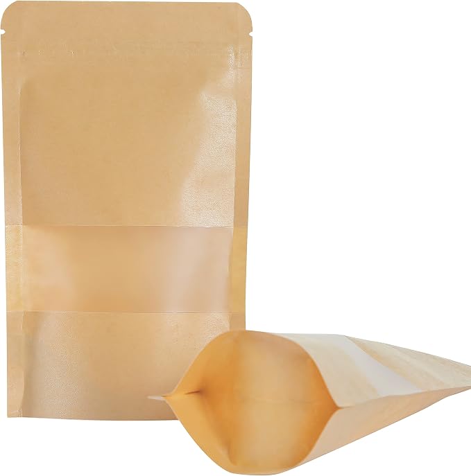 Kraft Stand Up bags 100 Pcs,Brown Resealable Bags with Window for Home or Business,Coffee,Food Storage Bags,Sealable Bags for Packaging(3.9×5.9) by LZLPACKING