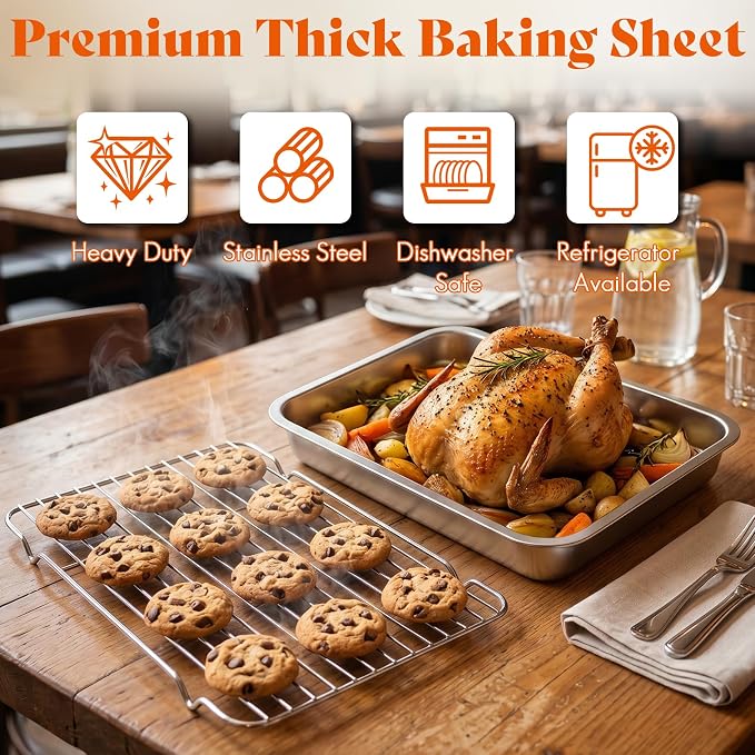 Baking Sheet with Rack Set, Stainless Steel Baking Sheet with Wire Rack Set - 2 Pans & 2 Racks, Oven Safe Baking Tray for Cookies, Bread, Pastries, and Roasting, 16x12x2 inch & 14x11x2 inch - Image 3