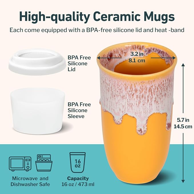 NOVA CERAMICS Ceramic Tumbler– Ceramic Travel Mug With Lid – Microwave & Dishwasher Safe Coffee White & Orange Tumbler - Gifts For Women Men Him Her – 16oz – Grapefruit - Image 3