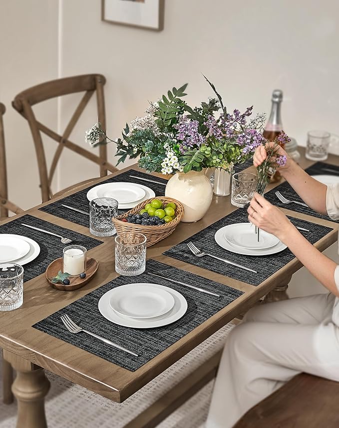 Leetaltree Black and Grey Woven Placemats Set of 24 - Heat Resistant Non-Slip Place mats for Dining Table, Washable Durable PVC Vinyl Woven Table Mats(Black & Grey, 24) - Image 3