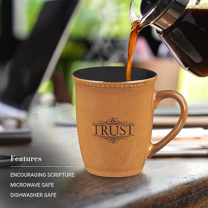 Christian Art Gifts Saddle Tan Stoneware Coffee Mug – 13 oz. Microwave and Dishwasher-safe Lead-free Inspirational Scripture Coffee and Tea Mug for Men & Women with Bible Verse: Trust – Psalms 91:2 - Image 3