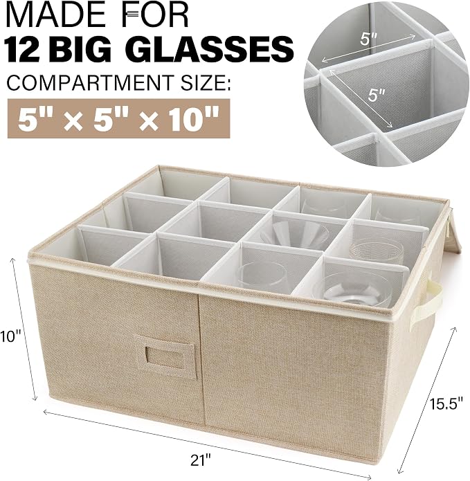 LotFancy Stemware Storage Container, Hard Shell, Large Wine Glass Storage Box for Moving, Stackable, Foldable, Crystal Glassware, Drinkware Case with Dividers & Handles, 21”x15.5”x10”, Beige - Image 2
