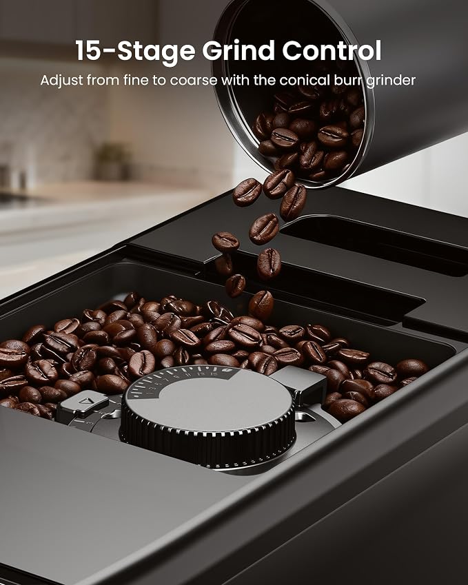 Fully Automatic Espresso Machine with Grinder & Milk Frother | 20 Bar Pressure, 15 Grind Settings, Touch Screen Control and Self-Cleaning Function for Espresso, Latte and Cappuccino - Image 3