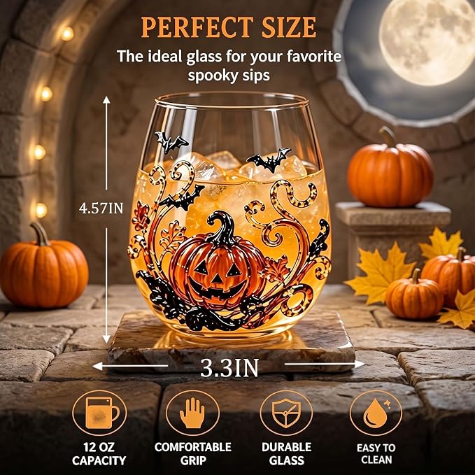 Halloween Artisan Glassware Collection,Handmade Stemless Wine Glass,Gothic Style Artistic Glass Wine Goblet Home Decor Piece Featuring Spooky Pumpkin Design Halloween Party Home Decor Gift，C - Image 2