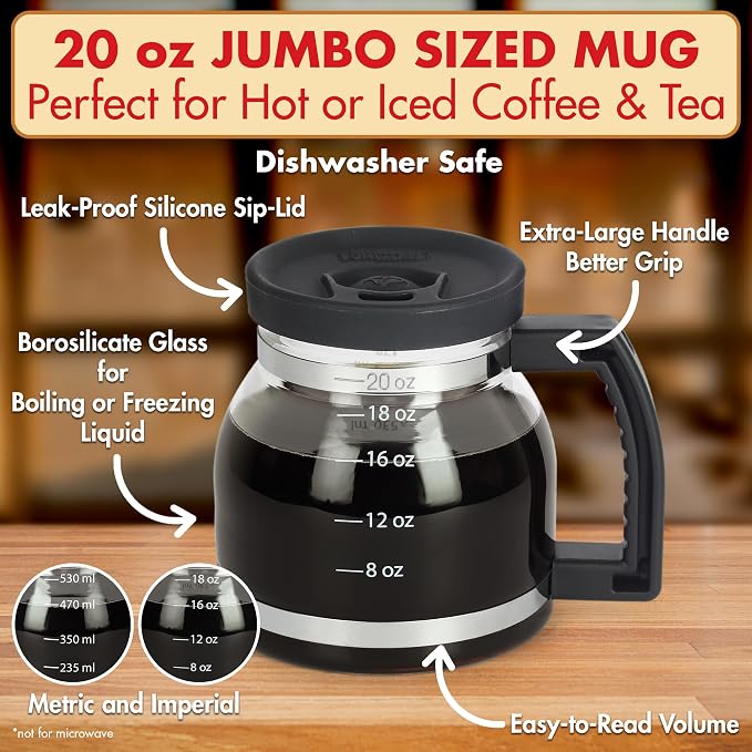 Funwares Cupa Joe Gift Set, 20 oz Glass Coffee Mug + Electric Mug Warmer | Keeps Coffee Hot All Day, One-Touch Warmer with Auto Shut-Off, Spill-Proof Lid, Borosilicate Glass, Desk & Office Gift - Image 5