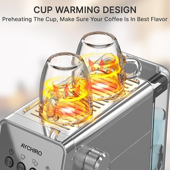 AYCHIRO 20-Bar Espresso Machine with Milk Frother, Professional Espresso Coffee Machine for Home, Stainless Steel Cappuccino Maker, Removable Water Tank & Drip Tray, Silver - Image 3