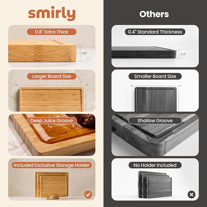 SMIRLY Cutting Boards for Kitchen, 3 Piece Bamboo Cutting Board with Stand | Non Toxic Wooden Cutting Board with Juice Grooves and Handles, Multiple Sizes Chopping Boards for Meat Vegetable Charcuterie - Image 5