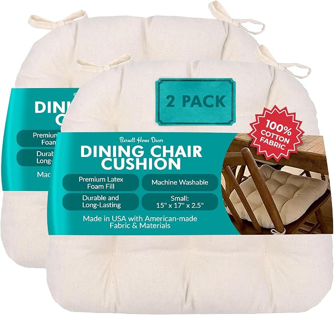 Barnett Home Decor Dining Chair Cushions with Ties – Size Small 15 x 17 - Latex Foam Fill, 100% Cotton, Machine Washable Chair Pads for Kitchen Chairs, Made in USA (Cotton Duck Natural/Pack of 2) by BarnettHomeDecor
