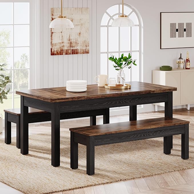 Tribesigns Farmhouse Kitchen Table Set for 4-6, 55-Inch Wooden Dining Table with 2 Benches, Space Saving 3 Pieces Heavy Duty Dinette for Dining Room, Kitchen, Small Space (Black-Brown) by Unknown