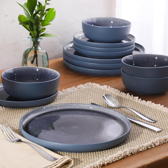 Gibson Elite Reactive Stoneware Dinnerware Set - Tahoe Sunset Matte Exterior & Shiny Interior Blue | 12-Piece – Plates and Bowls, Durable Everyday Dish Set, Microwave & Dishwasher Safe - Image 3