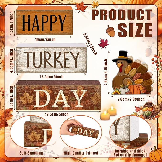 Moucuny 4 Pcs Fall Table Decorations for Home Thanksgiving Turkey Wooden Stacked Sign Decor Thanksgiving Tiered Tray Decor Rustic Happy Turkey Day Block Sign for Autumn Harvest Party Kitchen Shelf - Image 3