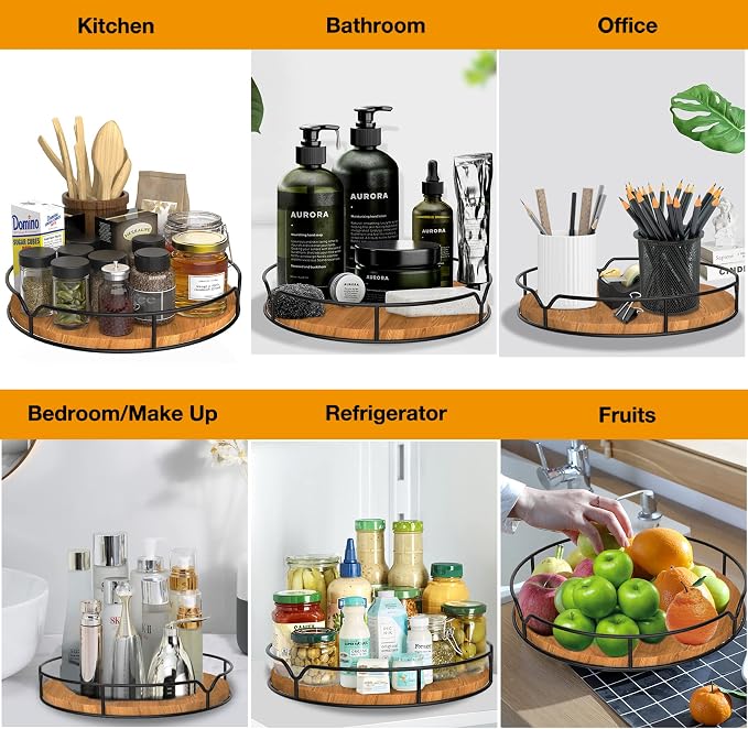 Lazy Susan Turntable Organizer with Anti-Slip Mat for Cabinet Pantry Kitchen Countertop Refrigerator Office, Pine Wood, 10", Carbonized Black - Image 8