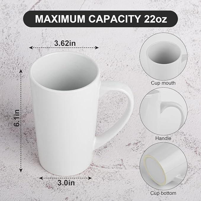 BYCNZB 22oz white Super Large tall Ceramic Coffee Mugs Large Handles Set of 4 - Image 2