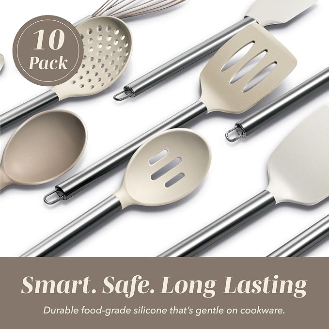 COOK WITH COLOR Silicone Cooking Utensils, Kitchen Utensil Set, Easy to Clean Silicone Kitchen Utensils, Cooking Utensils for Nonstick Cookware, Kitchen Gadgets Set, 10 Pieces, Brown - Image 3
