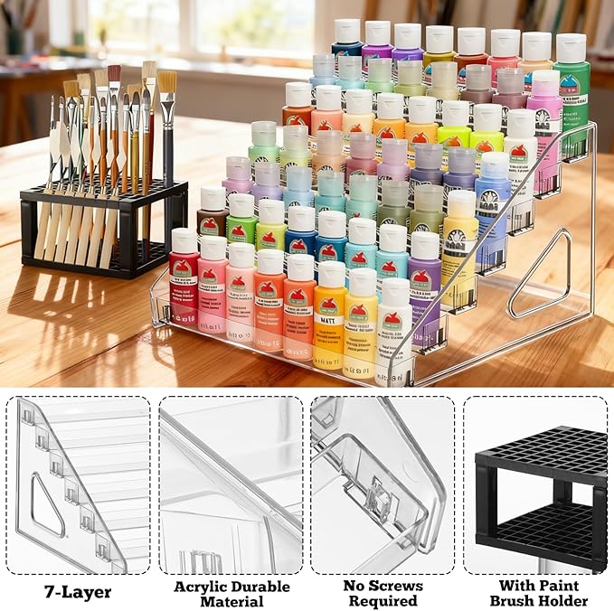 Clear Paint Organizer With Brush Holder, 7 Layers Acrylic Paint Organizer Storage Rack, Craft Rack Miniature Holder Storage, Size for Small tube and jars