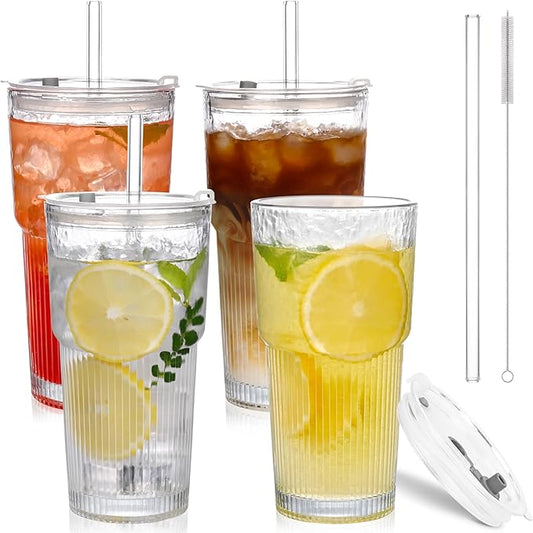 20oz Glass Tumblers with Lids and Straws,4PCS Glass Cups with Lids and Straws,Iced Coffee Cups with Lid,Drinking Glasses for Juice, Smoothies
