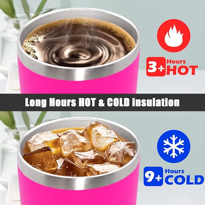 20oz Tumbler Insulated Coffee Tumblers with Lid Stainless Steel Hot Pink 4P | 20 oz Tumblers Double Wall Insulated Vacuum 20oz Coffee Mug Leak Proof Tumblers with Lid Powder Coated - Hot Pink 4 Pack - Image 5