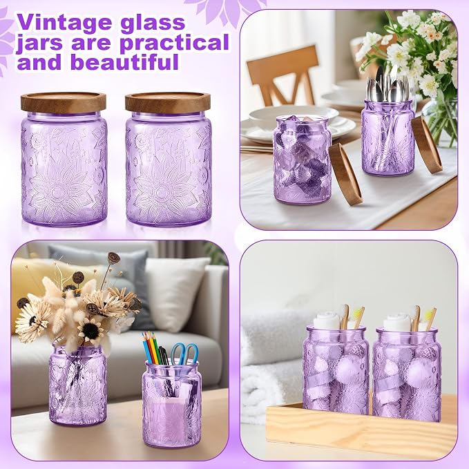 LemonRoad 2 Pcs Vintage Purple Glass Storage Jars 23.7 oz Mason Jar Canister with Wood Lids Food Storage Container for Cookie, Pantry, Candy Kitchen, Coffee, Tea, Flour, Sugar, Decorative Home Decor - Image 5