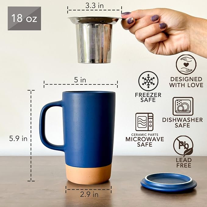 Mora Ceramics Large Tea Mug with Loose Leaf Infuser and Ceramic Lid, 18 oz, Portable, Microwave and Dishwasher Safe, Tall Coffee Cup - Rustic Matte Ceramic Glaze, Modern Herbal Tea Strainer, Deep Blue - Image 3